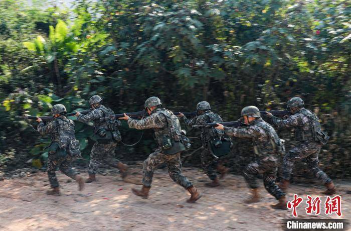 广西钦州武警官兵开展山林地捕歼战斗演练