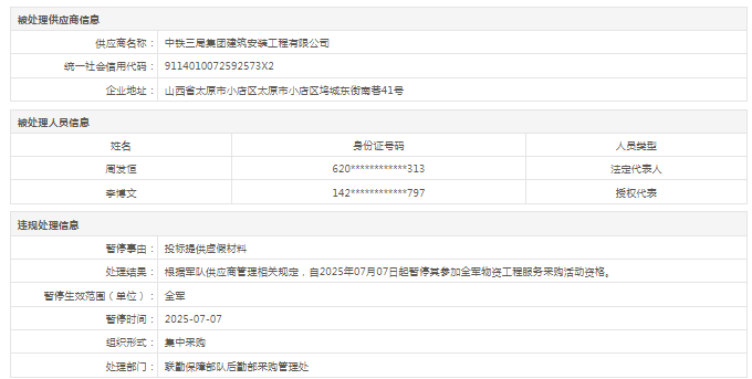 因投标提供虚假材料，中铁三局建安公司收全军采购禁令